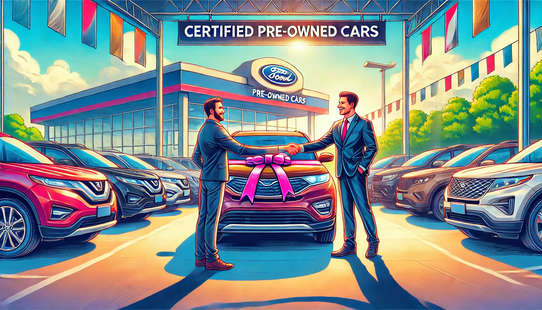 Customer shaking hands with car salesman at used car dealership