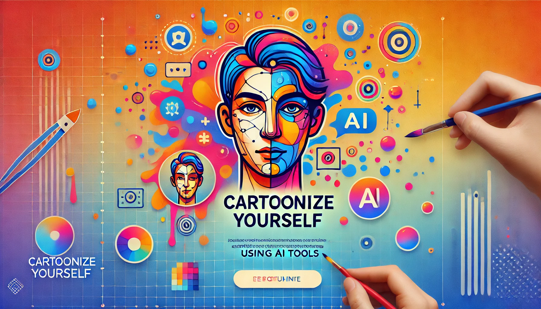 A vibrant image showing a transition from a realistic face to a cartoon illustration, with colorful gradients and artistic effects.