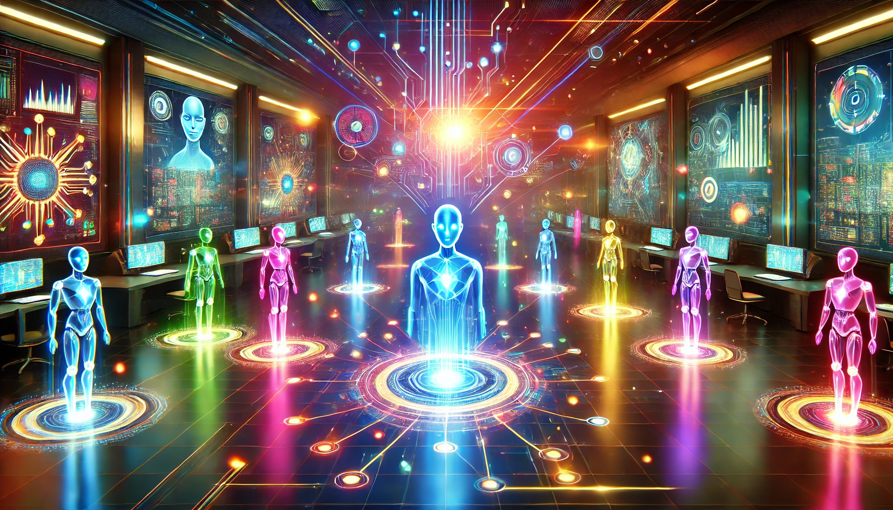Futuristic illustration of multi-agent AI collaboration, featuring glowing AI entities connected by dynamic lines in a sleek digital environment with holographic displays and a central hub