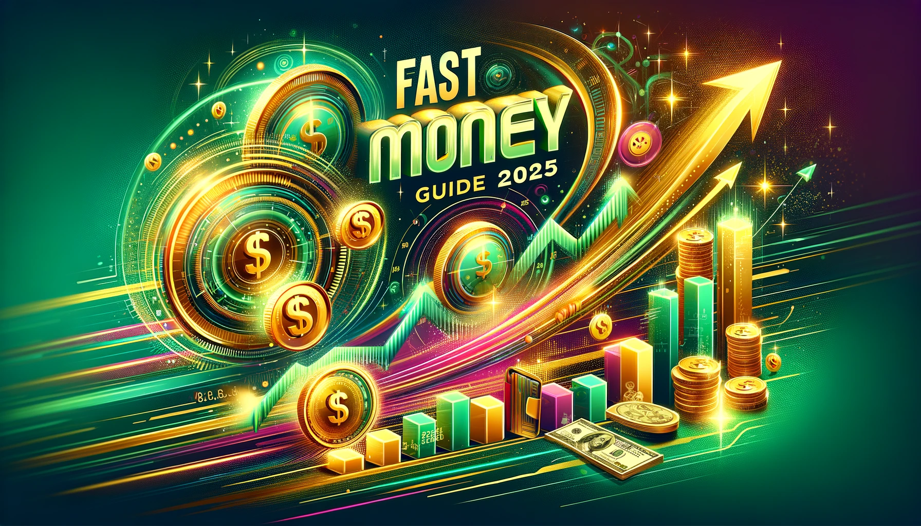 Fast Money Guide 2025 illustration with glowing coin, digital wallet, and upward graphs