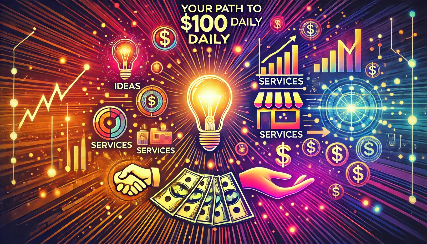 Vibrant depiction of diverse income streams, featuring traditional and modern elements like light bulb, handshake, and digital charts
