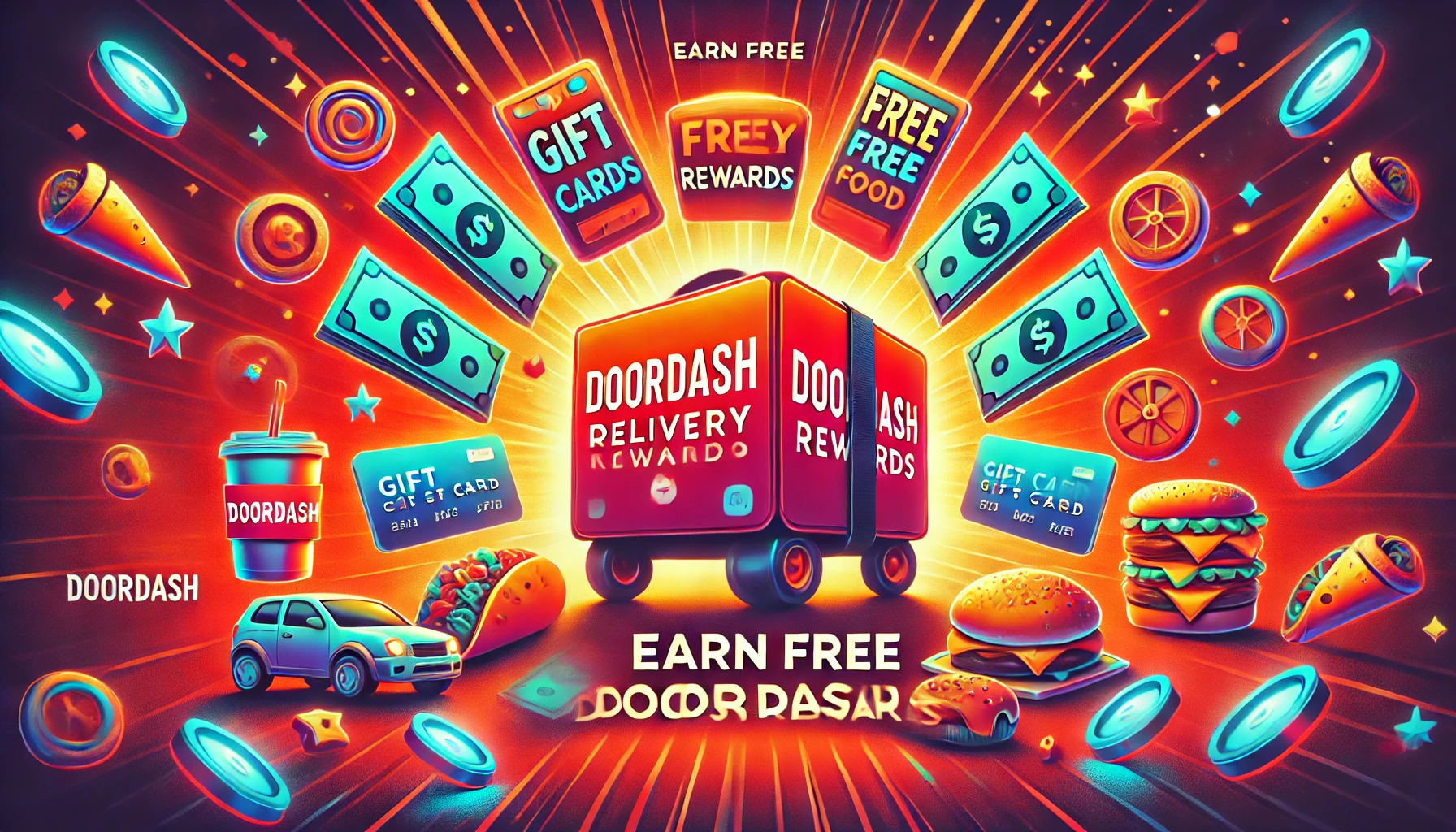 Illustration of DoorDash delivery bag surrounded by gift cards, cash icons, and food items like tacos and pizza.