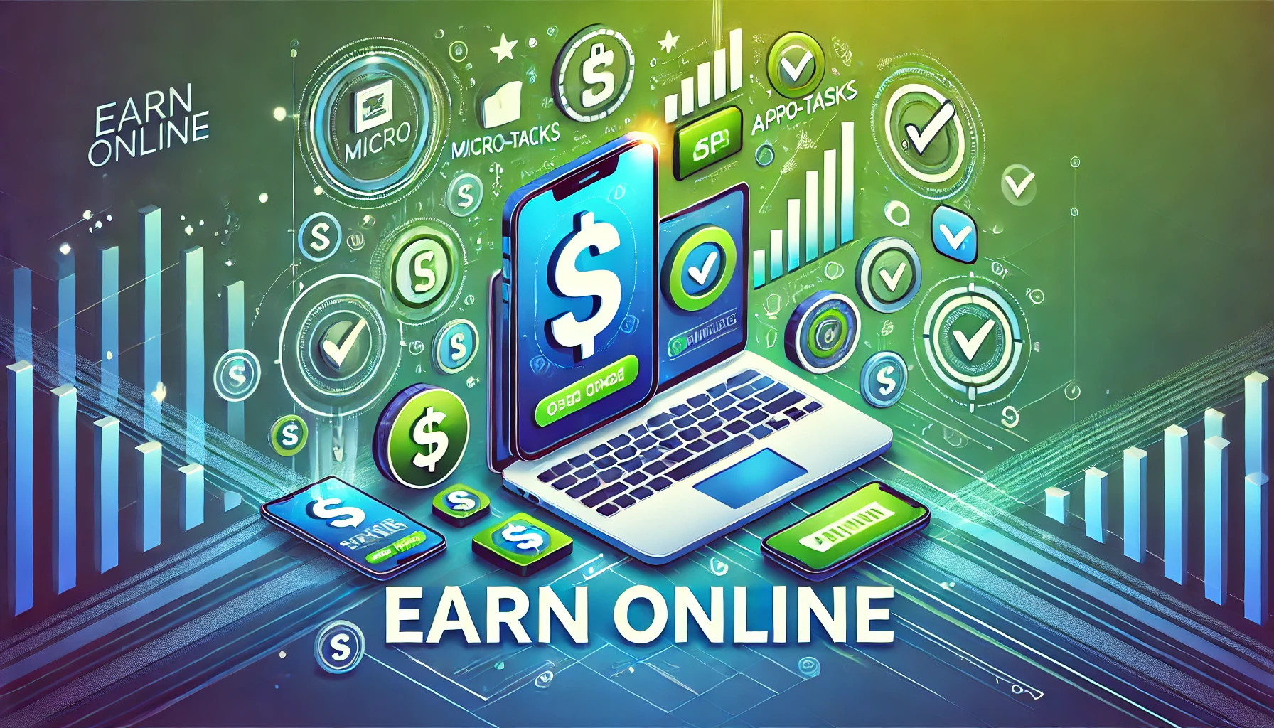 Vibrant illustration of micro-tasks and app downloads with icons of smartphones, money, and charts