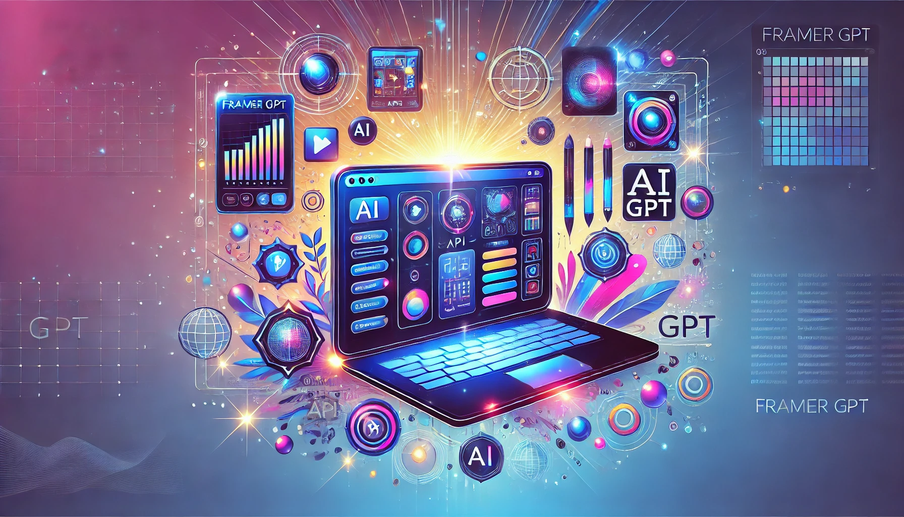 Futuristic illustration of Framer GPT showcasing a glowing laptop screen with dynamic UI components like sliders, navigation bars, and animated elements, surrounded by icons for AI, APIs, and databases, with a sleek tech-inspired background.