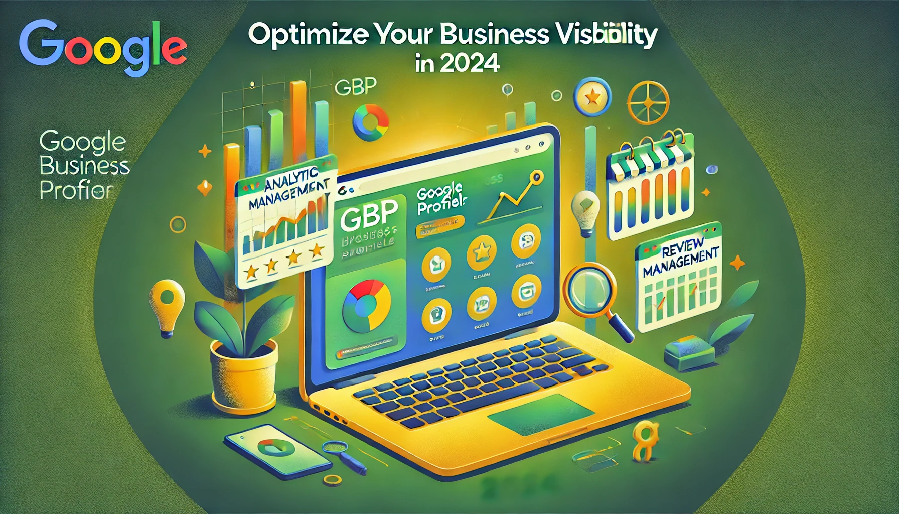 Digital toolkit for GBP optimization in 2024, featuring laptop with analytics, review management, and scheduling icons
