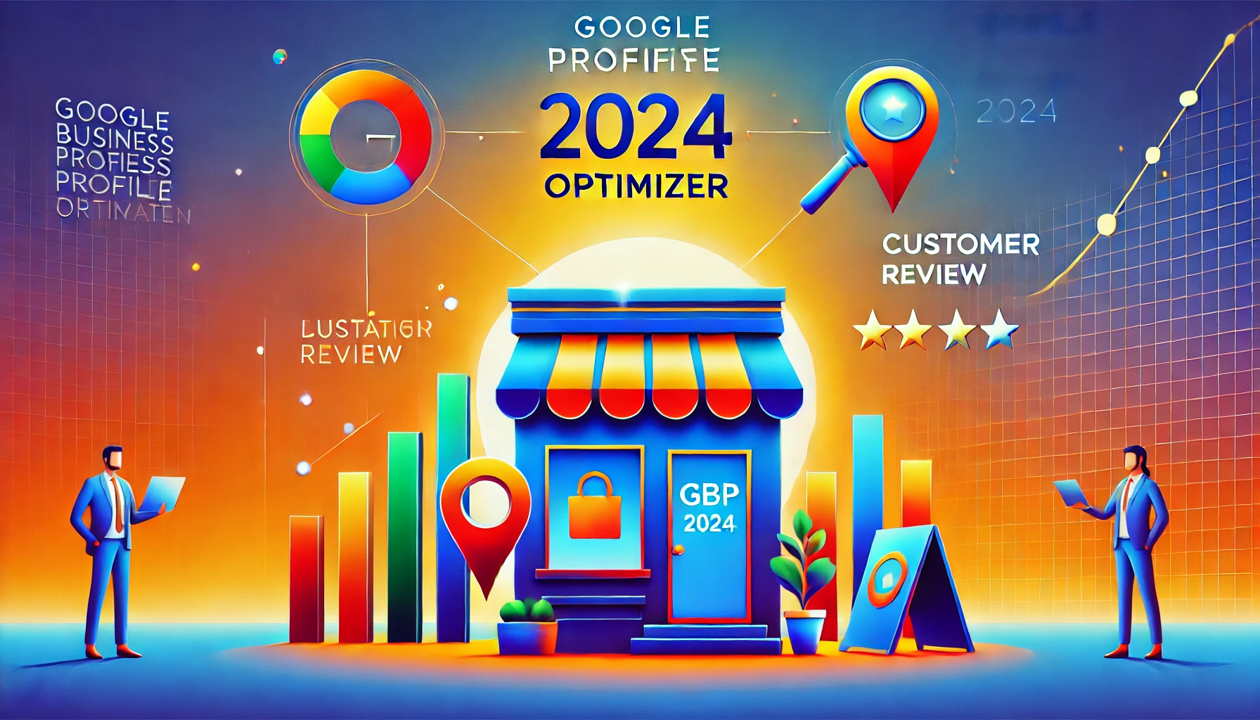 Advanced GBP strategies with glowing icons of a globe, magnifying glass, and customer stats, against a purple and gold background