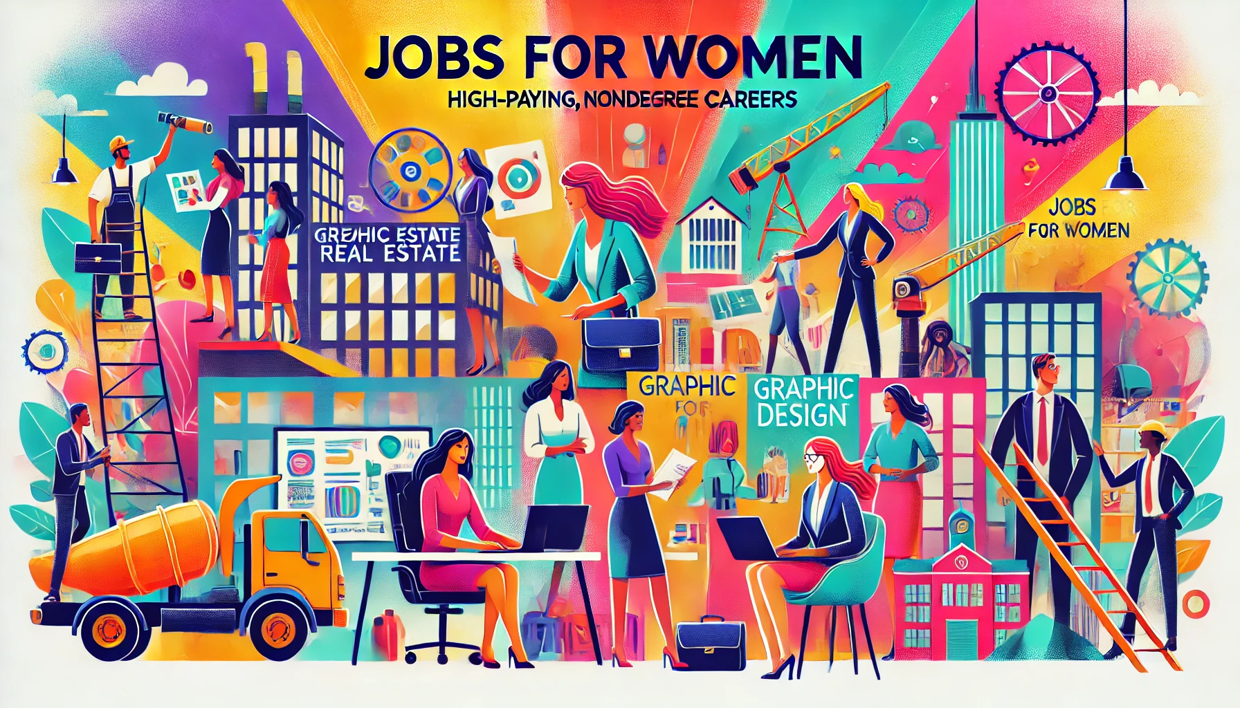 Empowering illustration of diverse women in high-paying jobs with the phrase 'Jobs for Women' prominently displayed, featuring vibrant office, studio, and industrial settings.