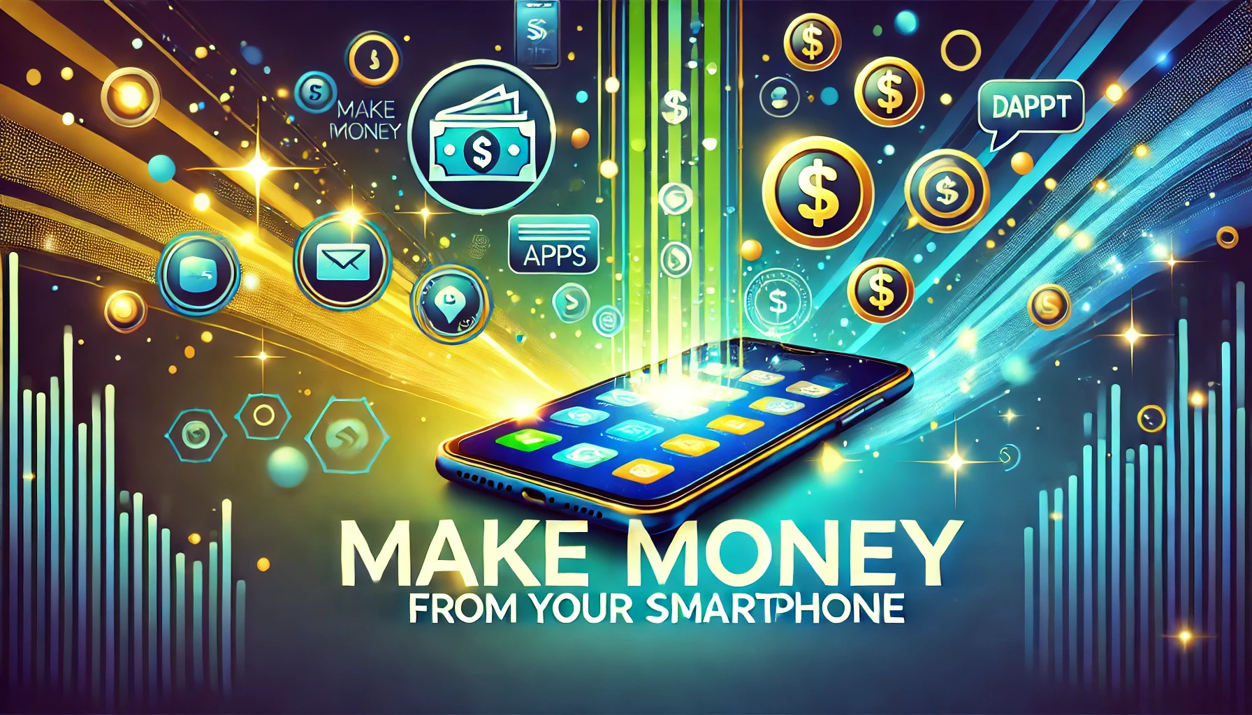 A glowing smartphone with icons of dollar signs, coins, and apps, displaying the phrase "Make money from your smartphone.