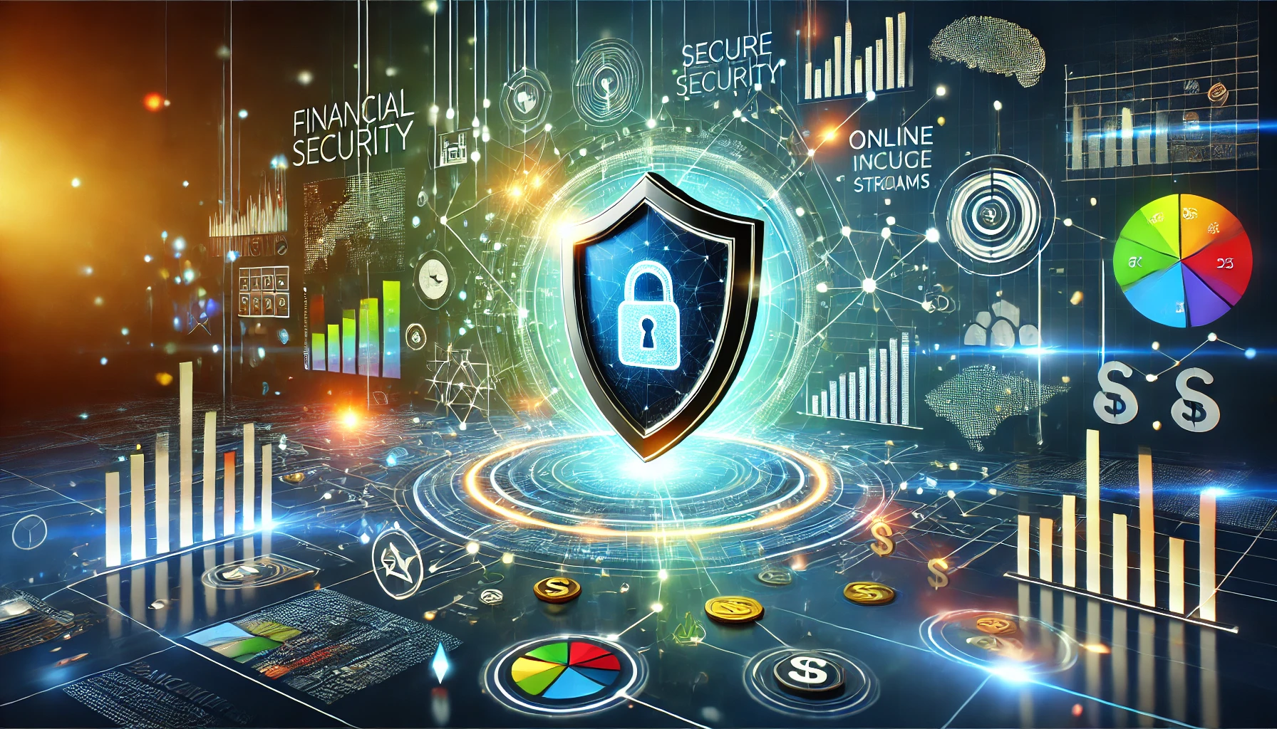 Illustration of financial security in the digital age, featuring a glowing shield surrounded by secure connections, income icons, and tools like charts and currency symbols on a sleek, futuristic background.