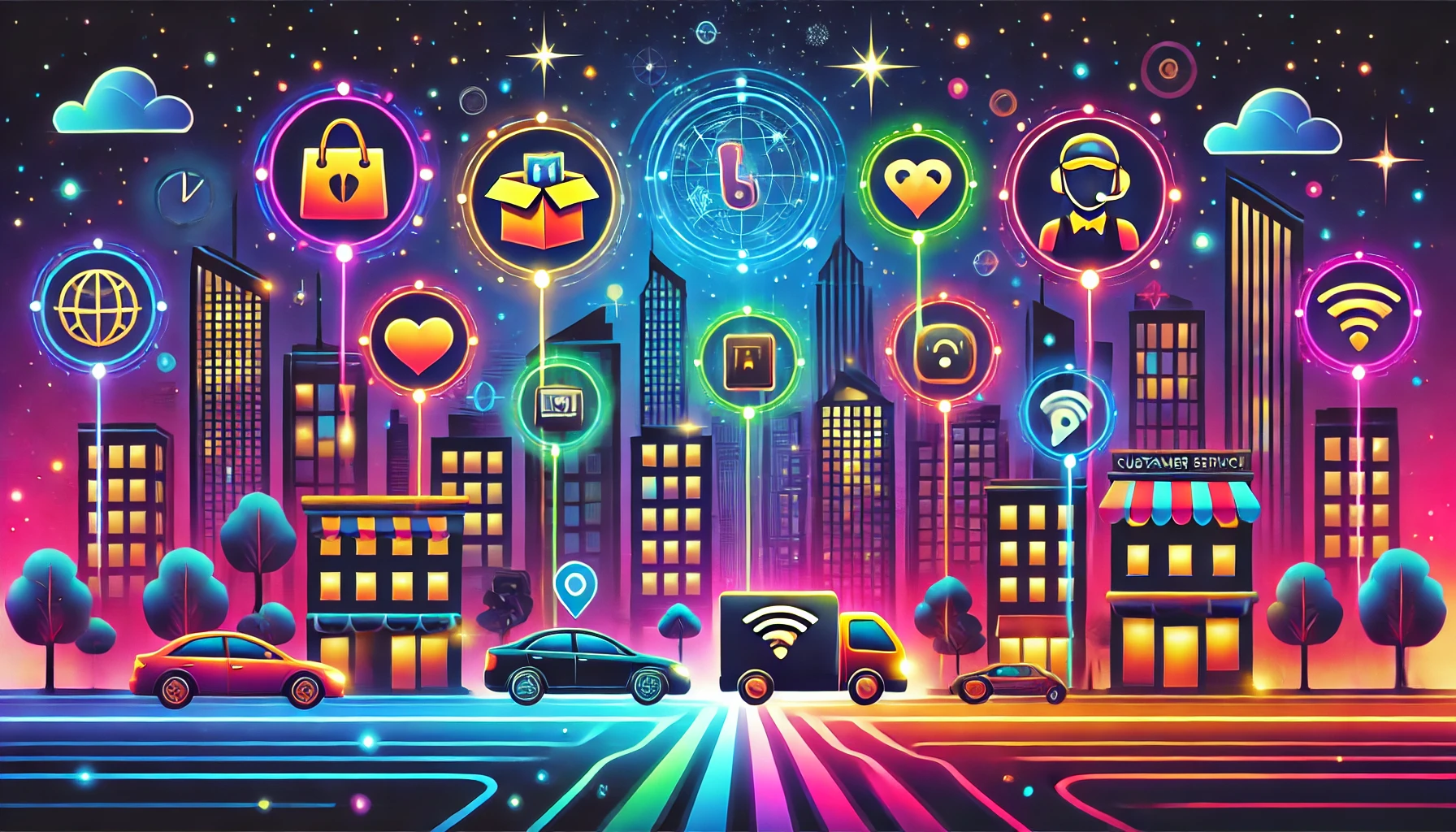 City at night with glowing neon lights and job-related icons, representing diverse nighttime work opportunities