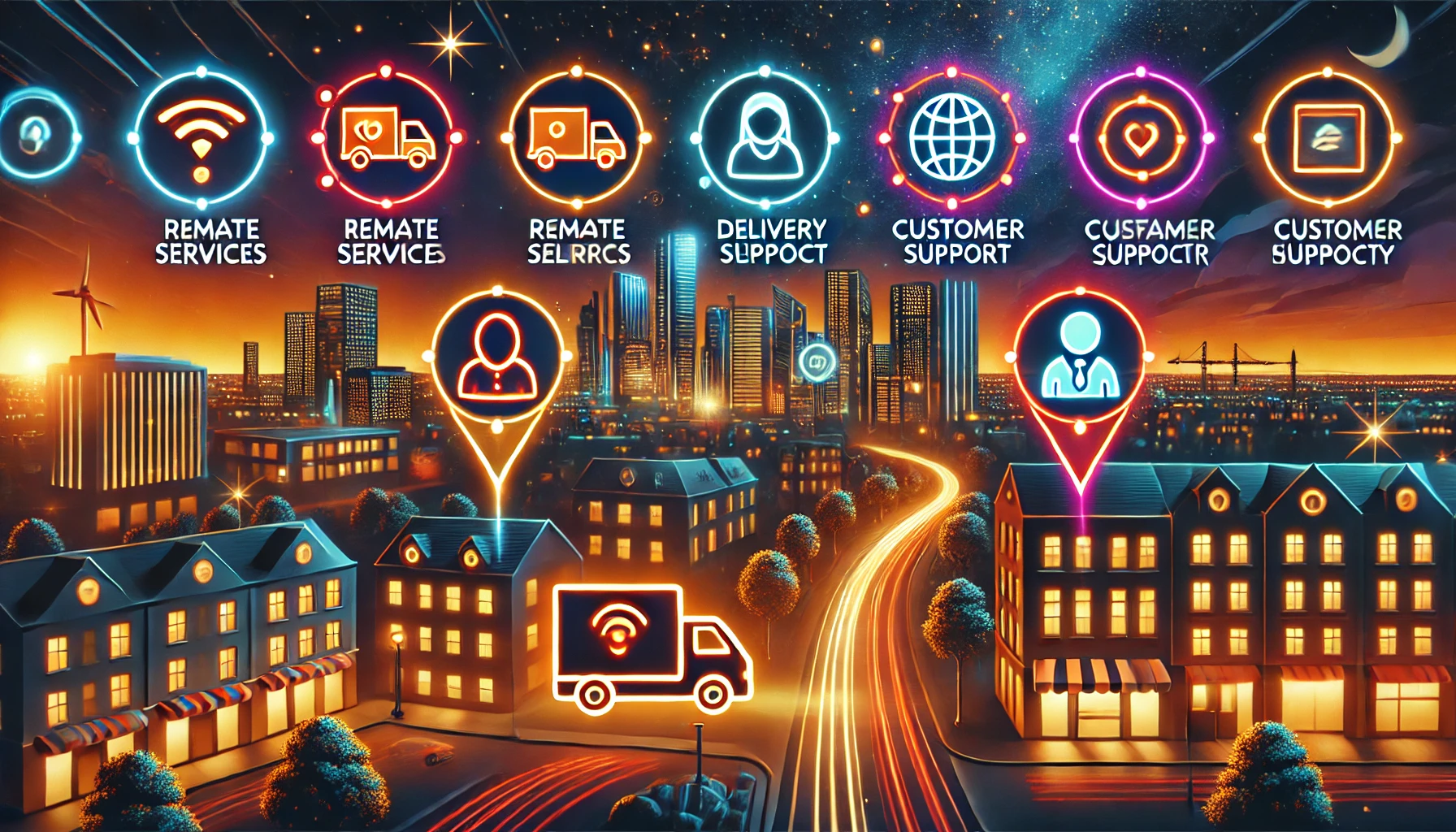 Nighttime cityscape with glowing icons of job opportunities