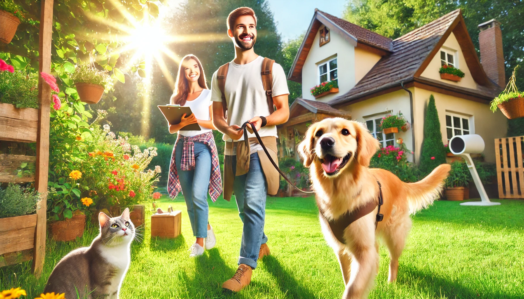 Illustration of a cheerful pet care buddy with a dog and cat, surrounded by pet accessories like a leash, food bowls, and toys in a cozy home setting.