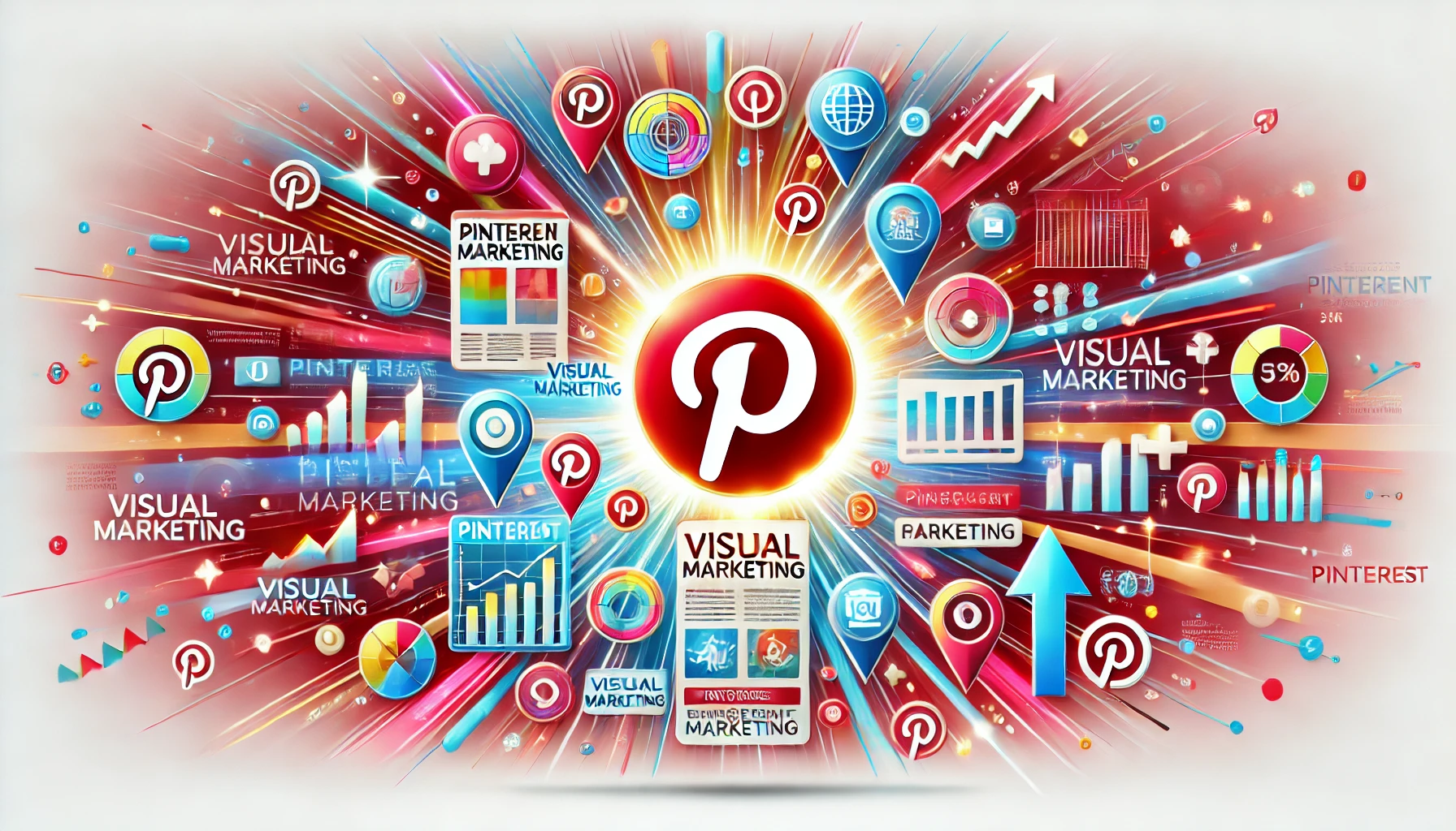 Illustration of Pinterest visual marketing strategies with glowing Pinterest logo, pins, and engagement metrics.