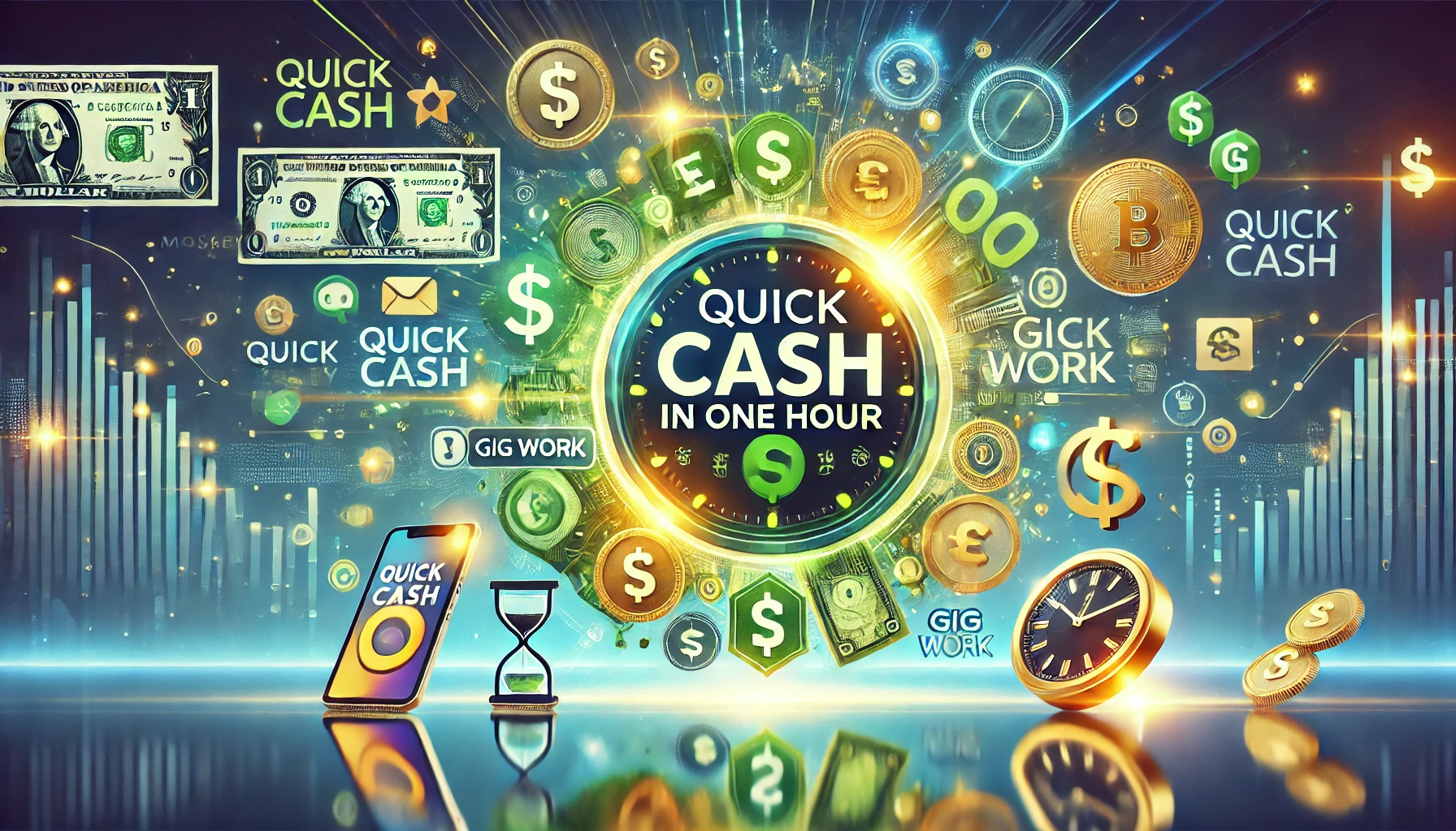 Illustration of quick money-making methods with currency symbols, technology icons, and a clock motif, emphasizing urgency and modern solutions.