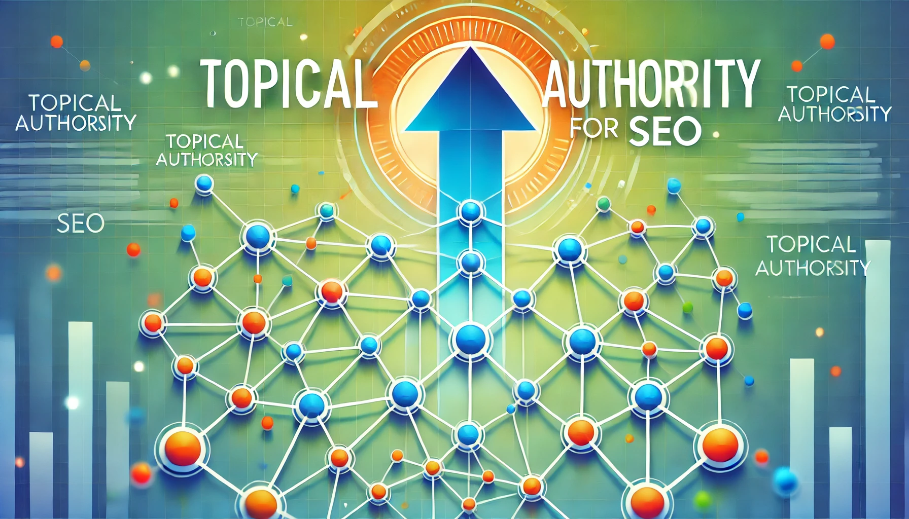 Colorful graphic illustrating the concept of topical authority for SEO with interconnected content clusters and an upward arrow symbolizing growth