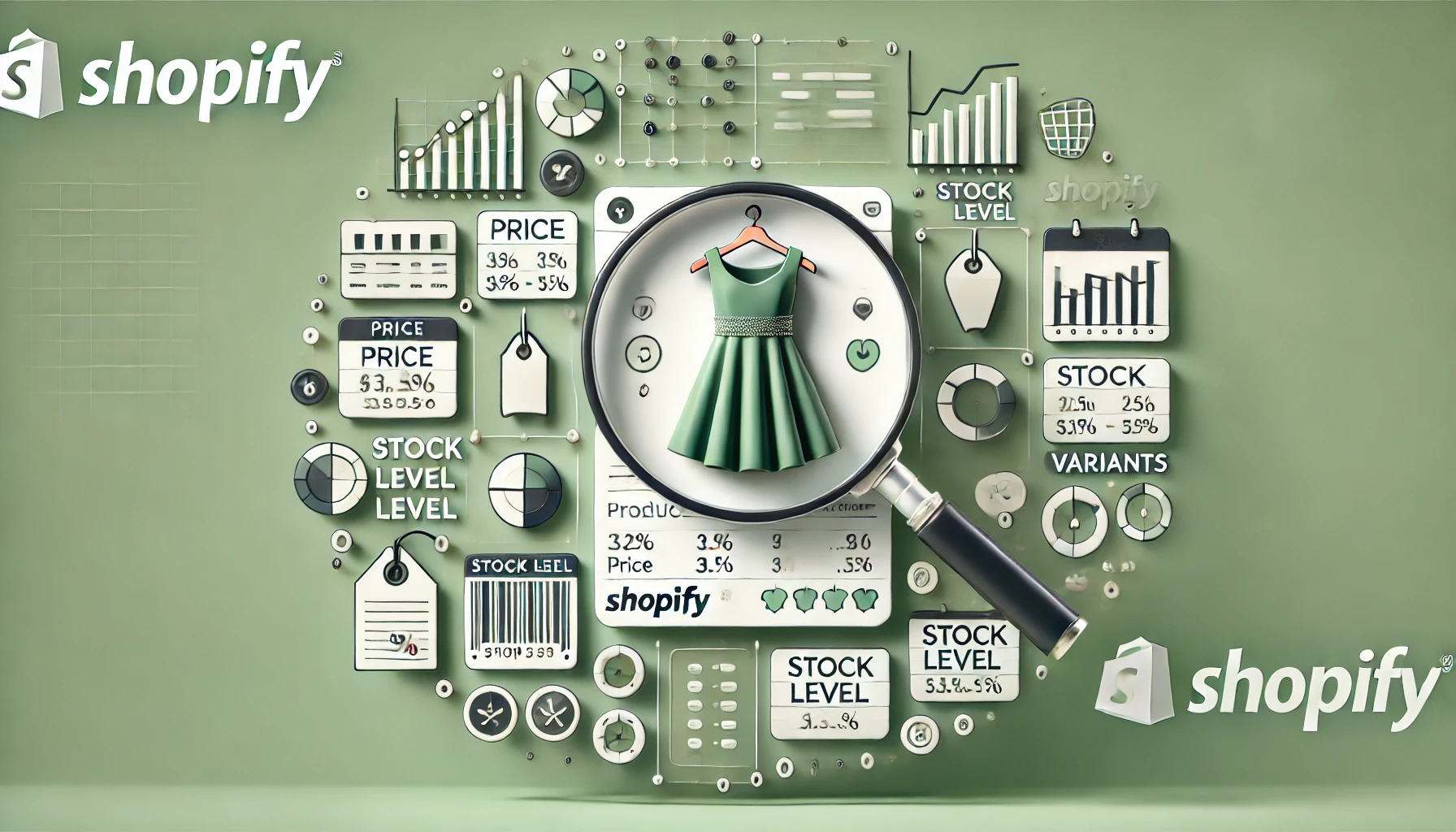 Digital illustration highlighting Shopify e-commerce data analysis with a magnifying glass, product card, and data icons.