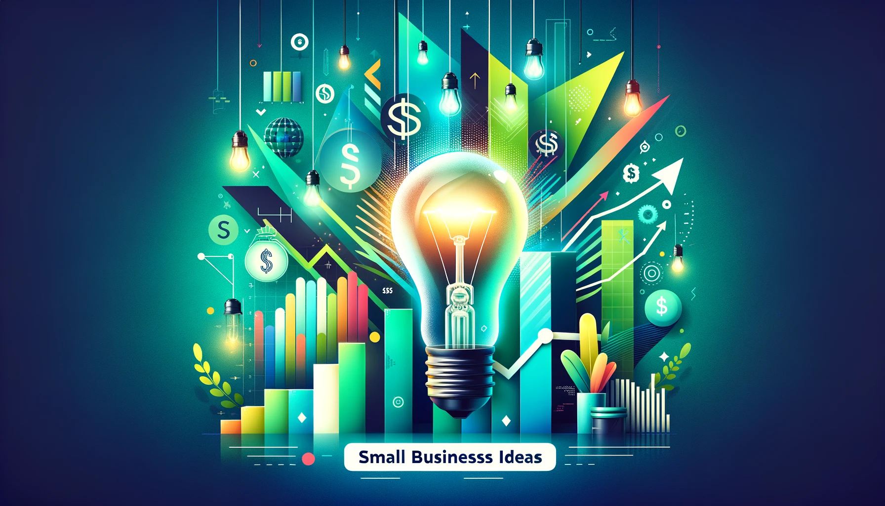 A colorful illustration featuring a glowing lightbulb surrounded by arrows, bar charts, and dollar symbols, symbolizing innovation and growth in small business ideas for 2024.