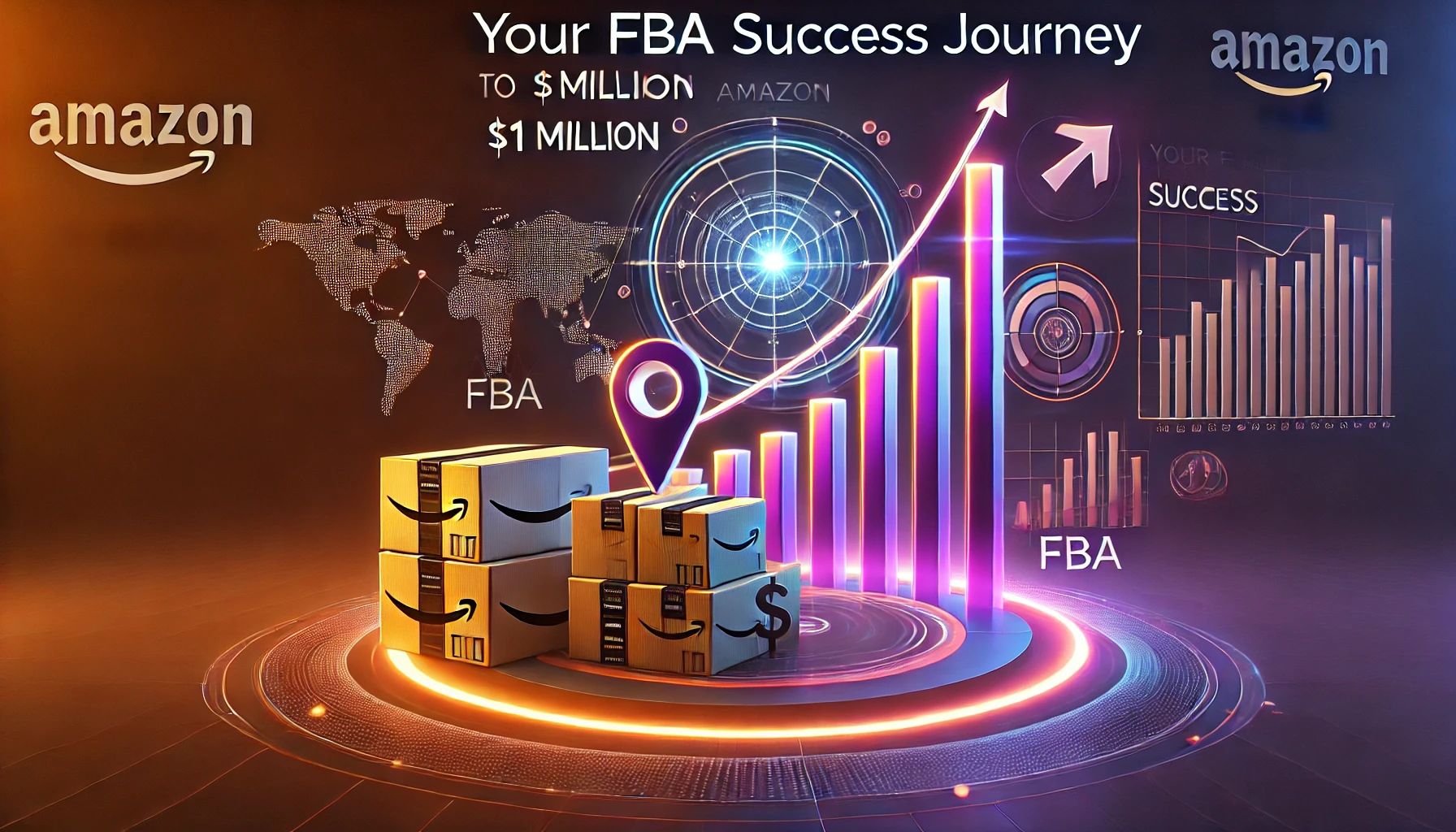 A colorful illustration of a workspace showing a laptop with Amazon sales statistics, a shipping box, and a success graph, symbolizing a $1 million Amazon FBA success.