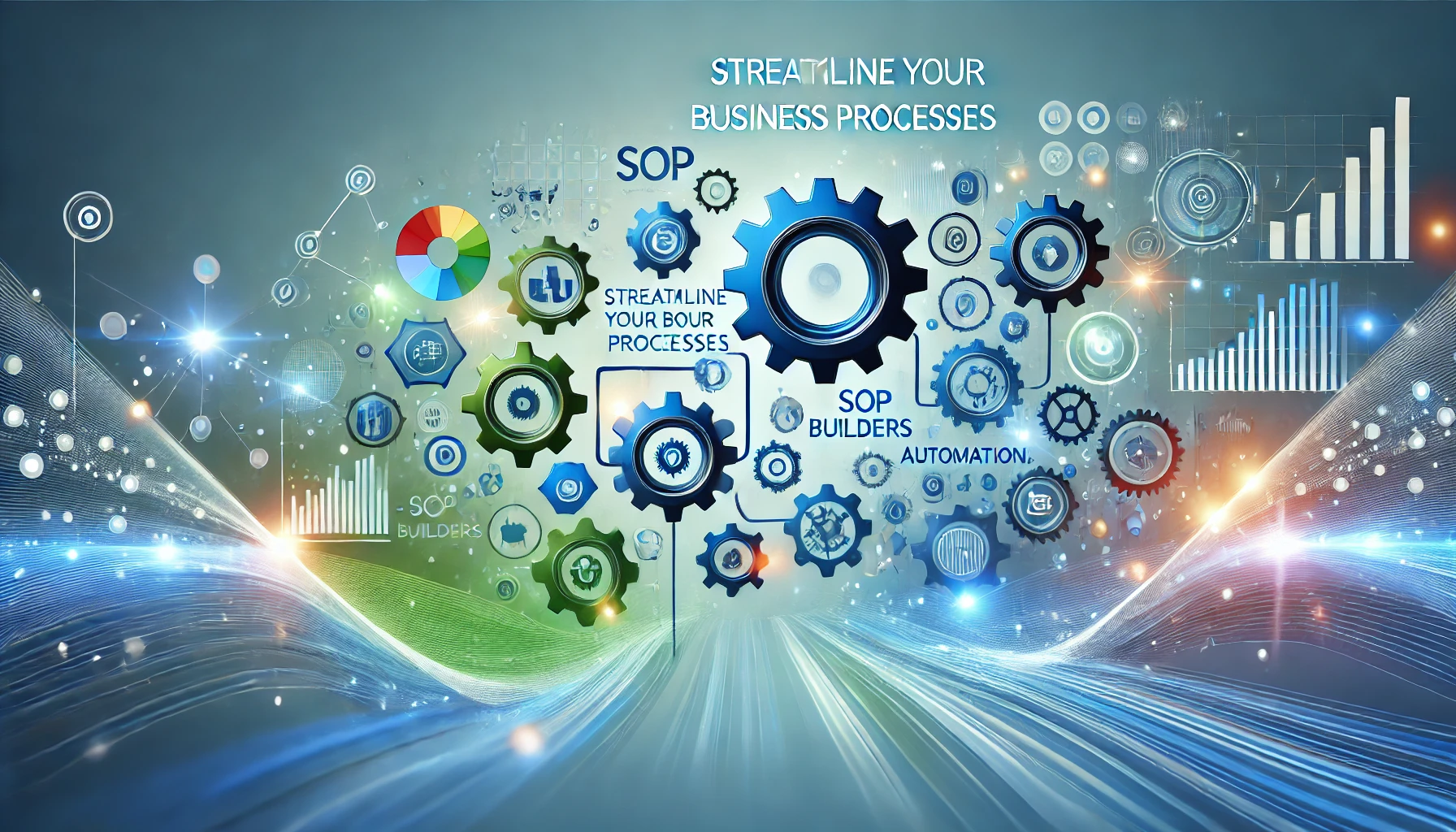 A colorful digital illustration of SOP Builders with interconnected gears, flowcharts, and icons symbolizing process management and automation, featuring a professional blue and green theme.