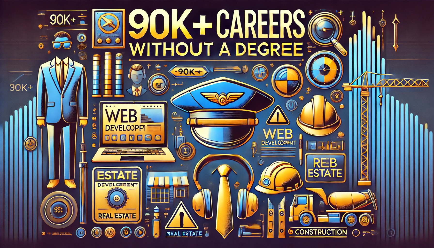 A colorful collage showcasing tools and symbols of high-paying professions such as a pilot's hat, computer, real estate sign, and construction gear, with sleek gradient blue and gold background