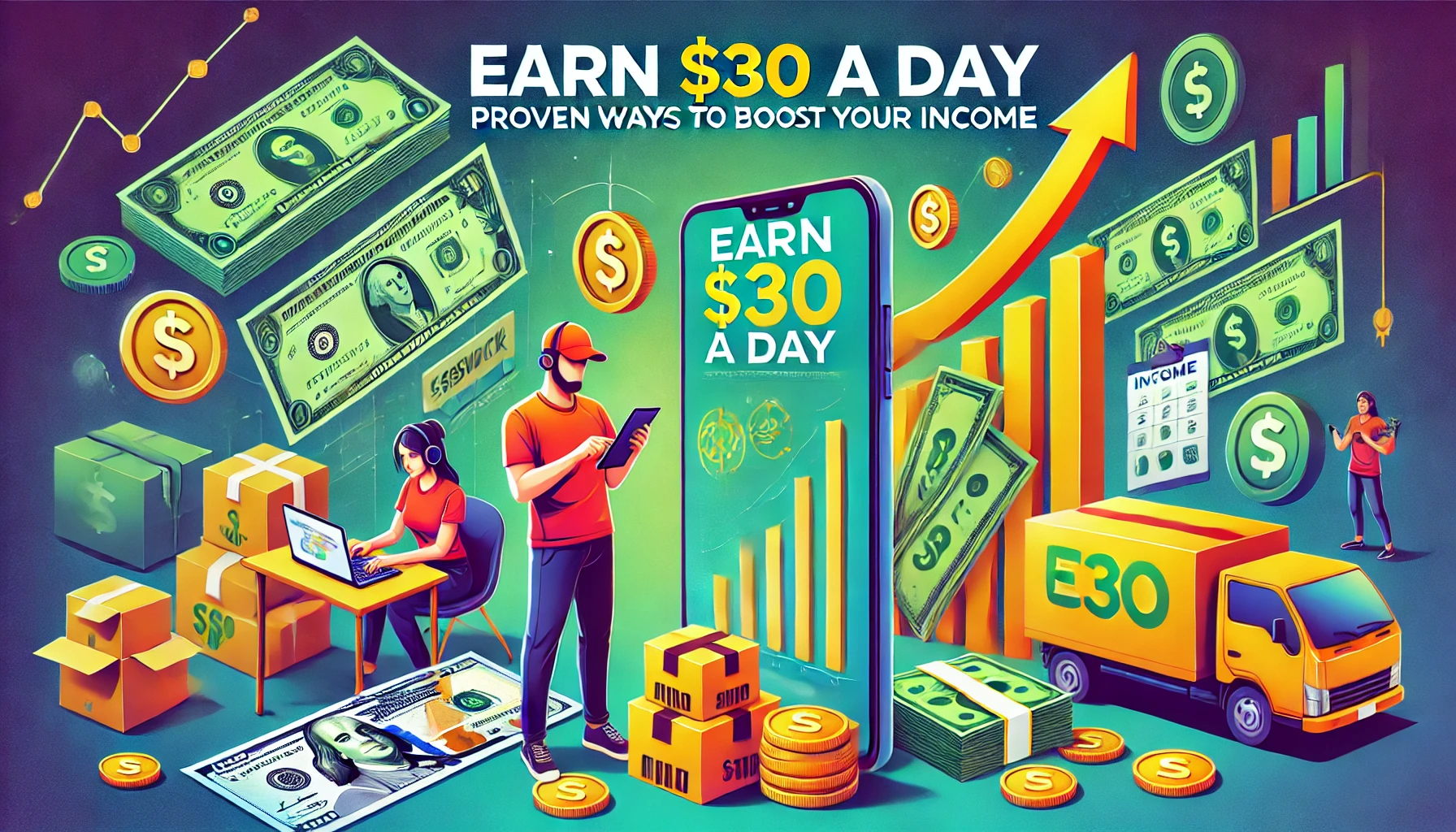 igital illustration of income strategies: cashback rewards, surveys, delivery, and reselling, with coins and a rising income graph.