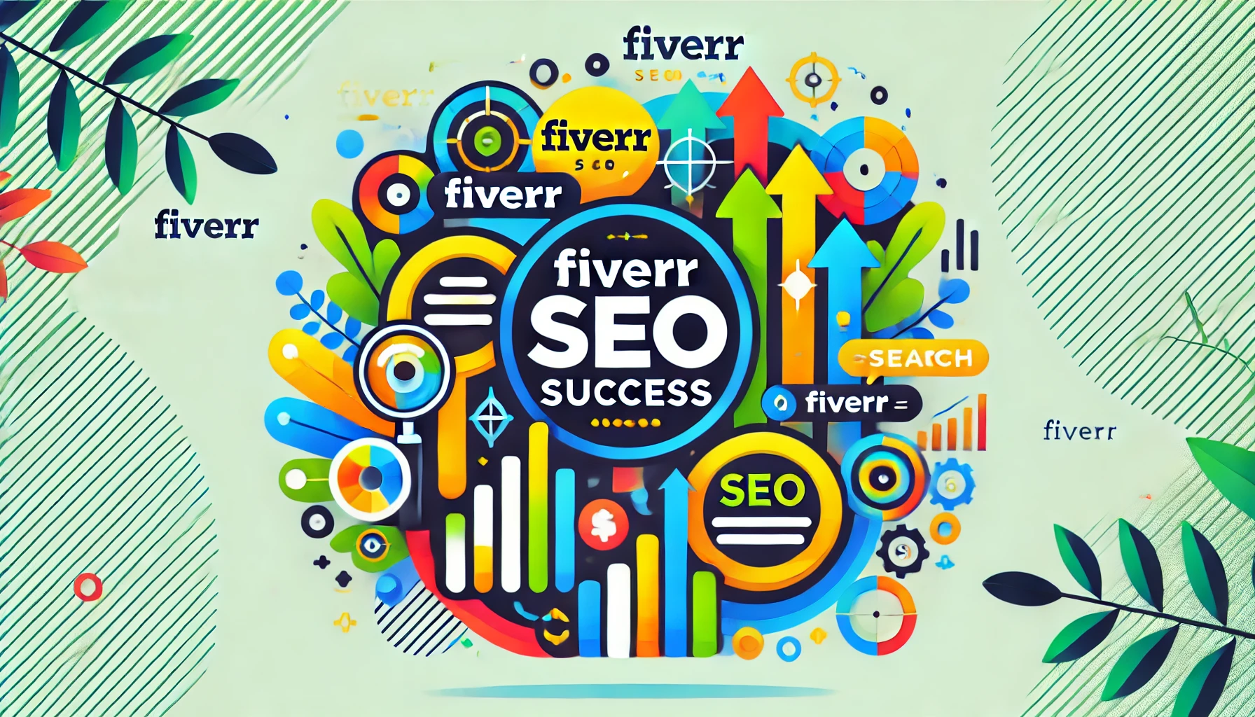 Colorful graphic representing Fiverr SEO success with bold text and abstract elements like arrows, charts, and search icons.