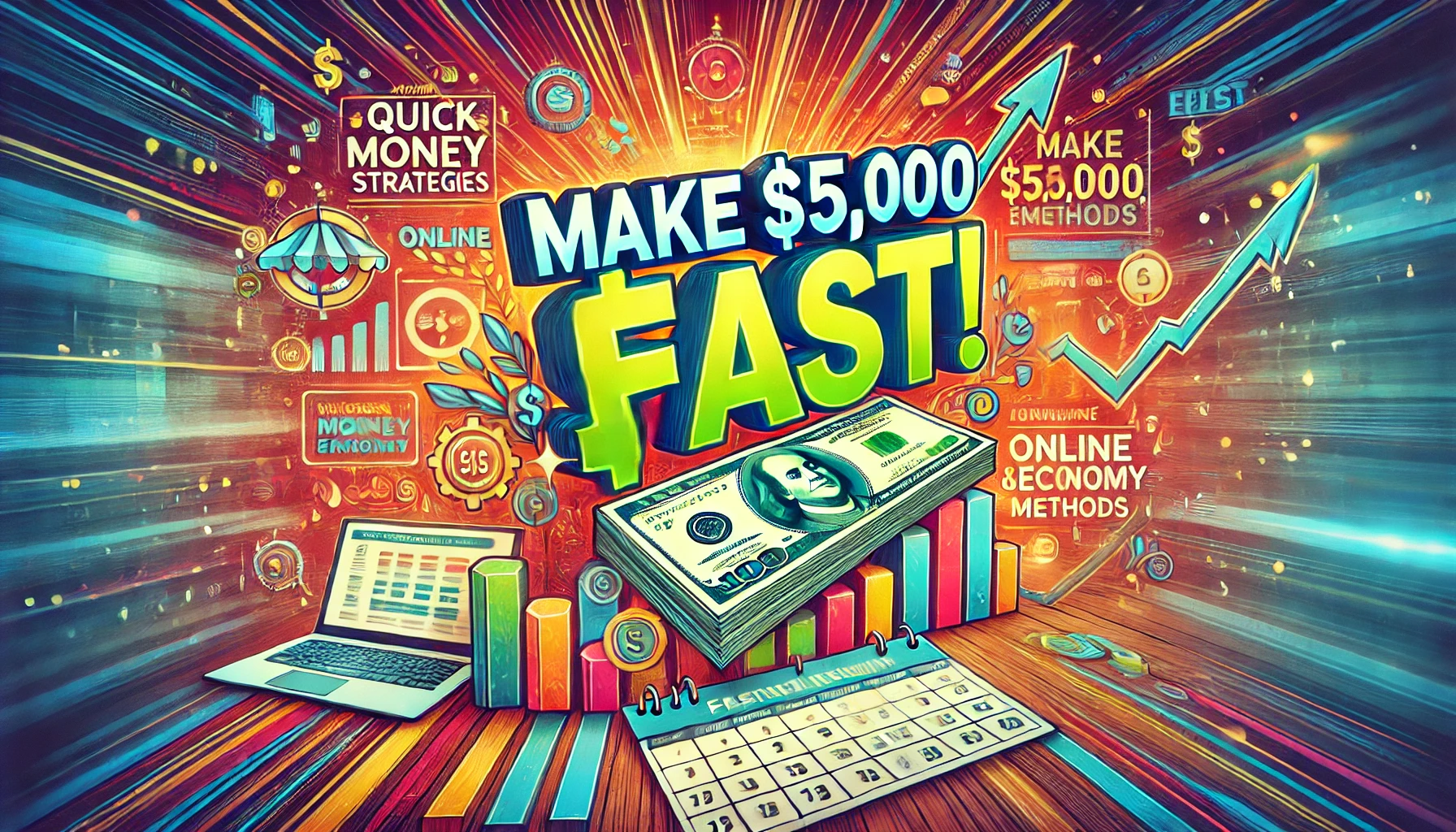 Colorful illustration of quick money-making strategies with stacks of cash, a calendar, and a progress bar, symbolizing urgency and online income opportunities.