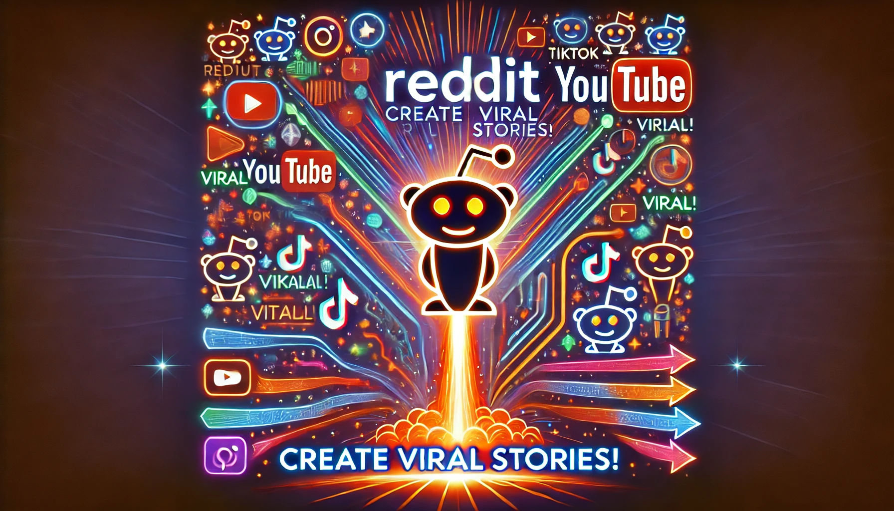 A vibrant digital illustration featuring the Reddit logo with storytelling elements like text bubbles, a video editing timeline, and a rocket launching, symbolizing viral story creation and success.