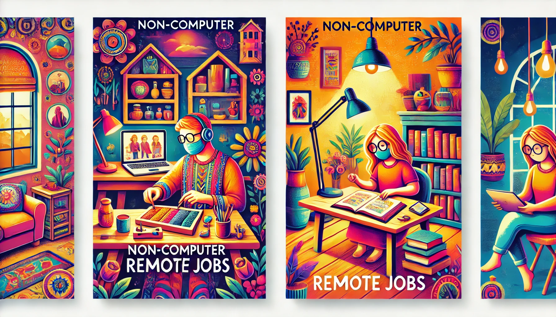 A vibrant illustration of non-computer remote jobs in a cozy home setting, featuring creative and interactive activities with minimal technology.