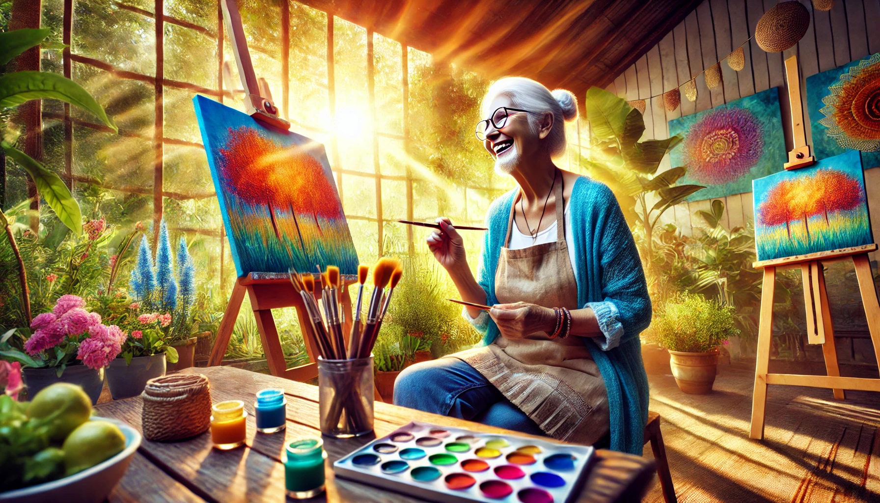 Joyful elderly person engaged in a creative side hustle like painting or gardening, surrounded by vibrant colors and tools, in a serene setting.