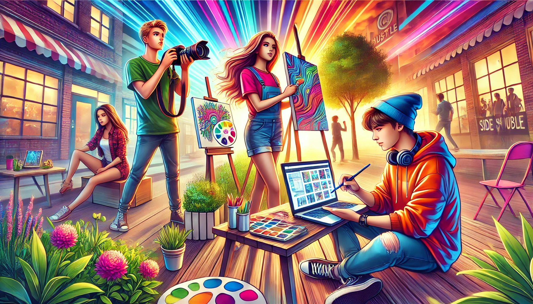 Energetic teens engaging in creative and entrepreneurial activities like photography, painting, and social media management, set in a dynamic and colorful environment.