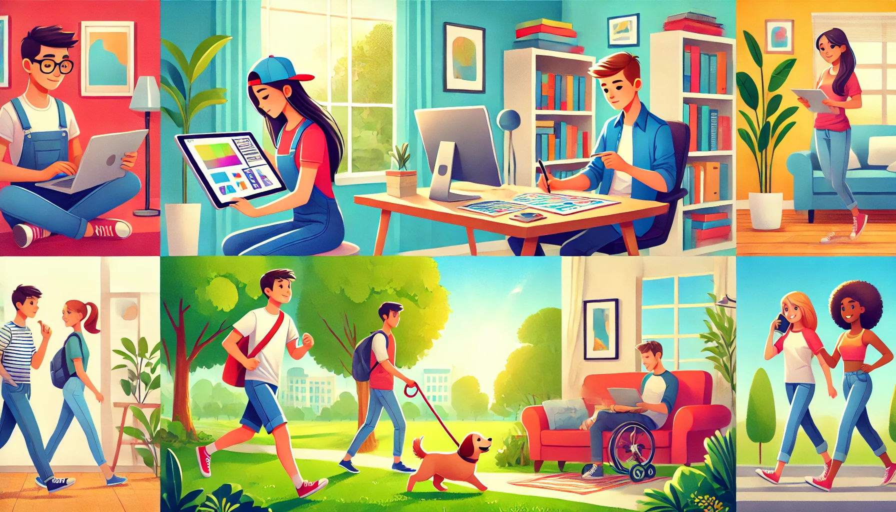 Teenagers engaged in side hustle activities, such as tutoring, dog walking, and designing on a tablet