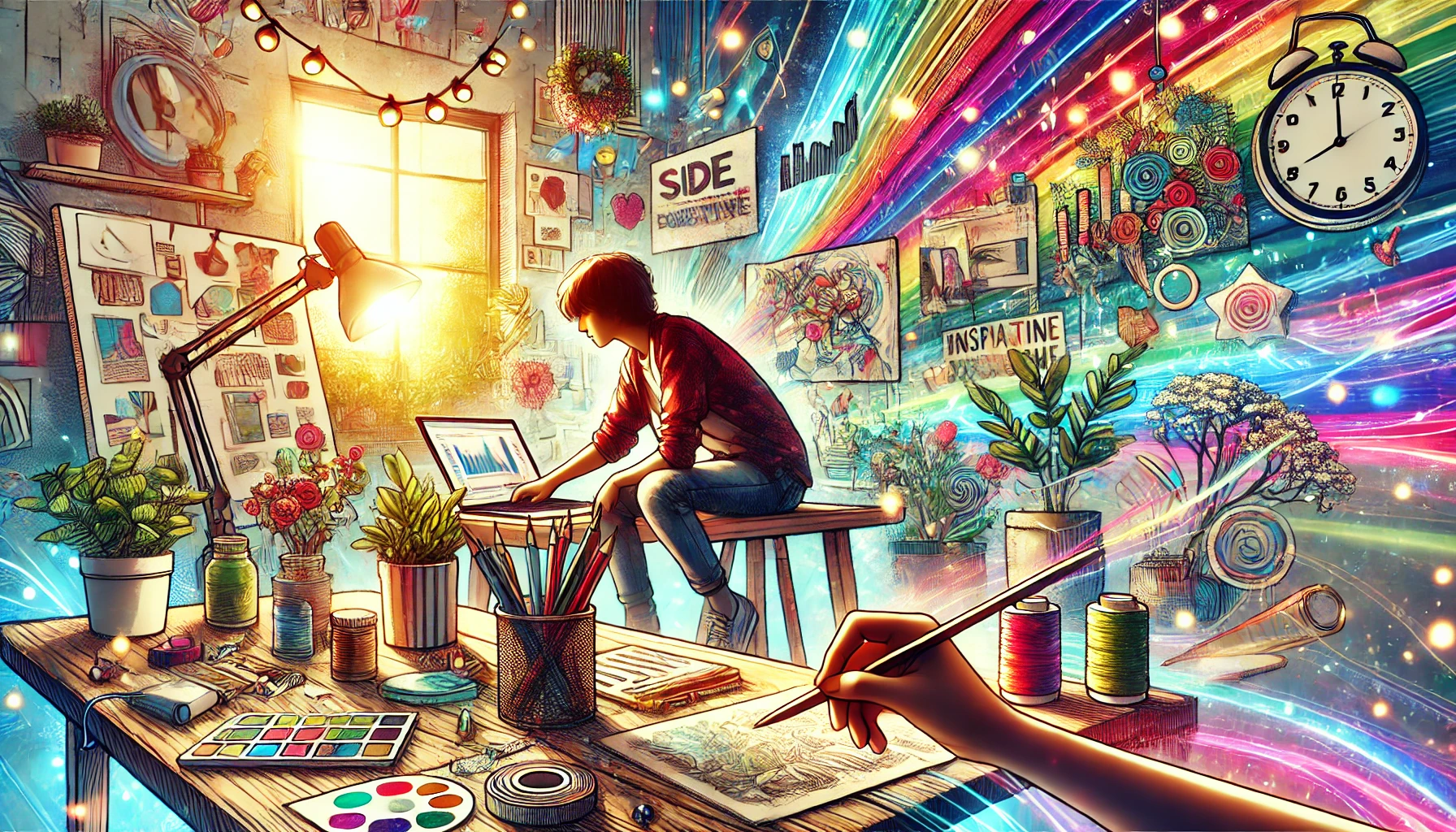 Teen showcasing a creative project, surrounded by colorful tools like paints, books, and a camera