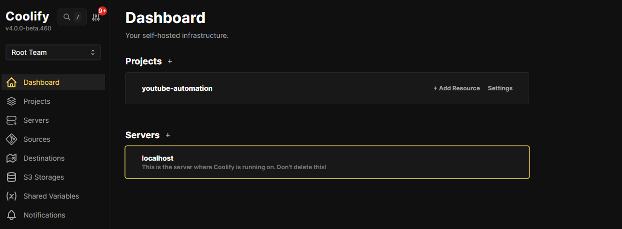 Coolify dashboard after installing on Hetzner