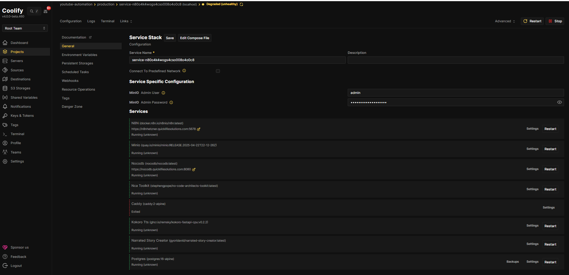 Coolify project setup for deploying docker compose stack