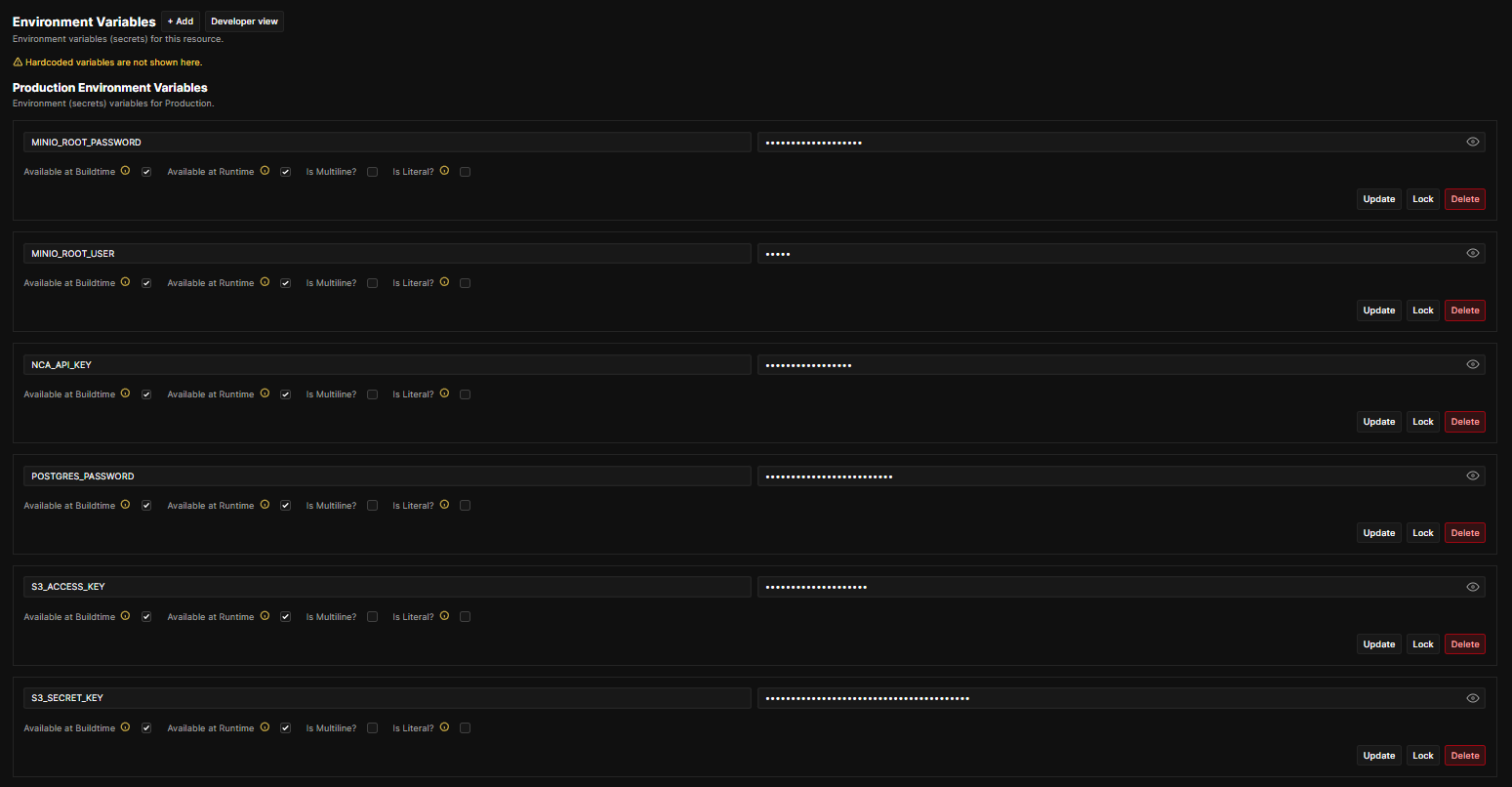 Coolify environment variables screen for docker compose deployment